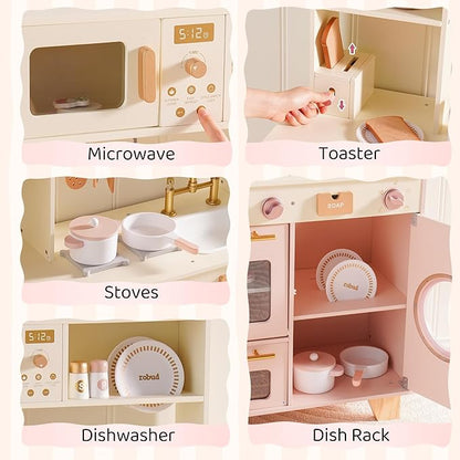 ROBUD Play Kitchen, Pink Toy Kitchen Playset with Pretend Coffee Maker & Toaster for Toddler Aged 3+, Wooden Kids Kitchen of Birthday Gift to Kids, WCF57