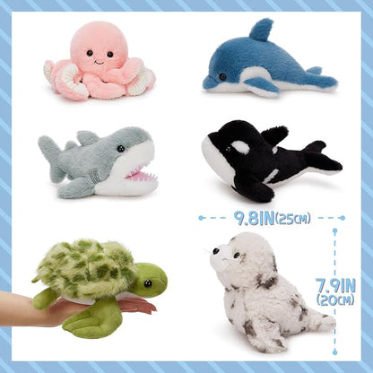 MaoGoLan 6Pcs Sea Animal Plush Toys Ocean Stuffed Animals for Kids, Large Bulk Party Favors with 10'' Plush Whale Shark Turtle Seal Orca Octopus, Classroom Decorations Christmas Valentine's Day Gifts
