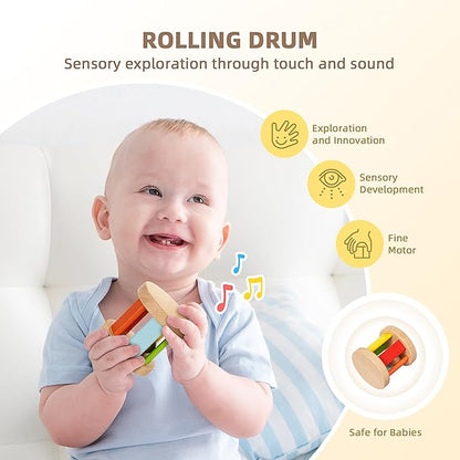 TOOKYLAND Montessori Toys for Babies 0-6 Months, 6 in 1 Learning Educational Set Newborn Toys Including Sensory Ball, Rain Stick, Baby Roller, Spinning Drum, Black and White Cards, Tissue Box
