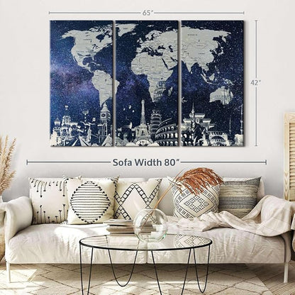ElephantStock Starry World Map Multi Piece Canvas - 3 Panel Wall Decor - Map of the World Art - Canvas for the Office and Home - 65" X 42"