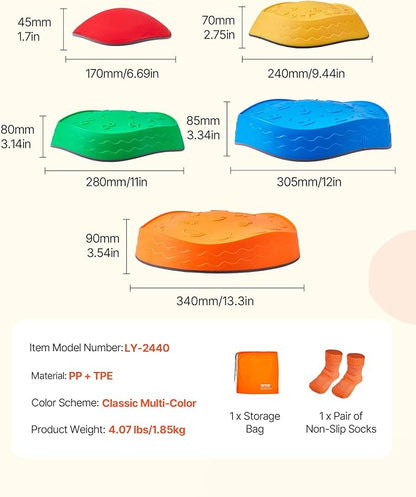 VEVOR Balance Stepping Stones for Kids, 5 PCS, Up to 220 lbs, Non-Slip Toddlers Sensory Stepping Stones, Obstacle Course Coordination Game Toys Indoor or Outdoor Play for Children Aged 3 4 5 6 7 8+
