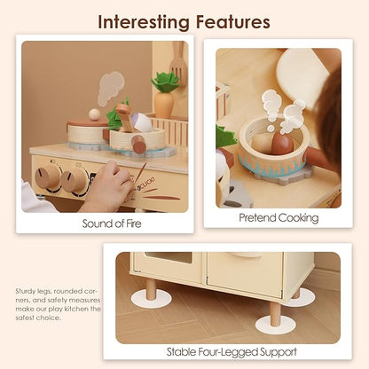 Wooden Play Kitchen for Kids, Realistic Pretend Kitchen Playset with Swivel Faucet & Kitchen Accessories Set for Toddlers Ages 3+