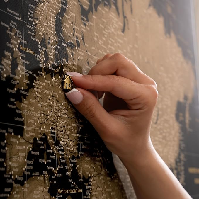Canvas World Map with Cork Pin Board - English Lettering - Decorative Wall Decoration for All Rooms - Canvas Pictures with World Map Motif (70x50 cm, Pattern 6)