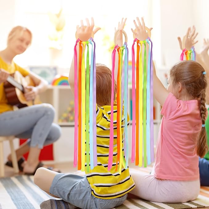 Junkin Ribbon Rings Hand Kite Waldorf Toys Dancing Wrist Ribbons Rainbow Streamers with Wood Ring Educational Toy for Playroom Dancing Birthday Party Gift(Fresh,24 Pcs)