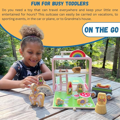 Suitcase Playset(Fairy House) by Jack Rabbit Creations-17 Piece Set-Portable Play Toys-Includes Fairies,Animals ,Gnome Bridge and Car-Made of Eco-Friendly Bamboo- Ages 3+ Years