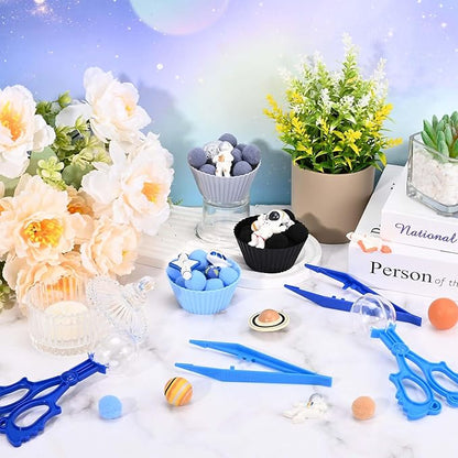 152 Pcs Space Sensory Bin Fillers Outer Space Fine Motor Skills Astronauts Sensory Bin Item Pompoms Cups Tweezers Scissor Clips for Preschool Education Activities Sorting Counting