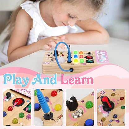 Unicorn Wooden Busy Board Sensory Toys with 8 LED Light switches,Christmas Travel Toys Montessori Toys for 1 Year Old Babies Toodler