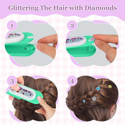 Hair Gem Stamper Kit,Bling Hair Jewels for Girls, Hair Styling Tool with Reusable Shining Diamonds, Christmas Birthday Arts & Crafts Gift for 5-12 Year Old Girl (Green)