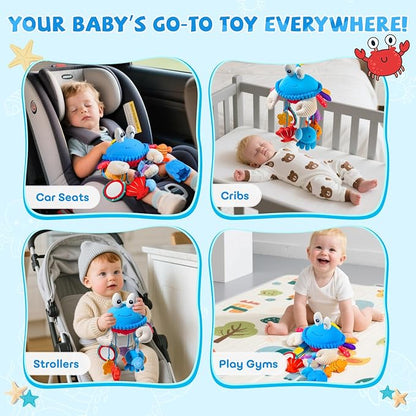 Car Seat Toys for Babies 0-6 Months, Hanging Baby Activity Toy for Stroller, Crib & Gym, Tummy Time Sensory Crab Plush Toys for Newborn, 0 3 6 9 12 M Clip-On Montessor Toy, Baby Boy Girl Gifts