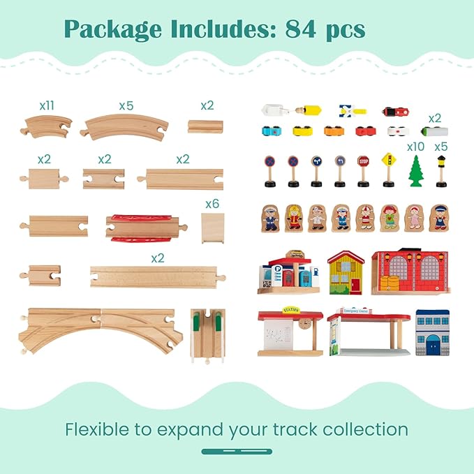 GLACER 84-Piece Train Table, Large Multipurpose Wooden Toy Activity Table Playset with Reversible Detachable Tabletop, Railway Tracks, Trains, Cars, DIY Design, Gift for Boys Girls Ages 3+