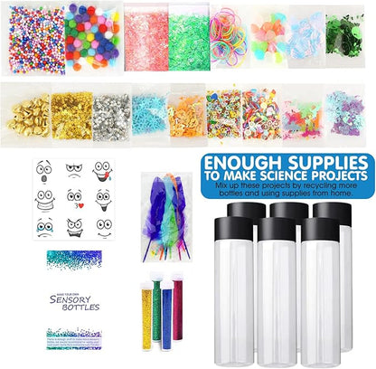 Sensory bottle Kits for Calm Calming Corner Items, Sensory Toys for Kids with Autism, Calm Down Toys with Unicorn, Space, Mermaid, 6 Big Empty Plastic Reusable Bottles Toddler Classroom Must Haves