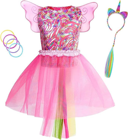 Jeowoqao Girls Unicorn Princess Dress up Trunk Set 19 Pcs, Girls Rainbow Unicorns Costume, Toddler Girls Dress up Clothes Pretend Play Costumes for Little Girl Ages 3 4 5 6