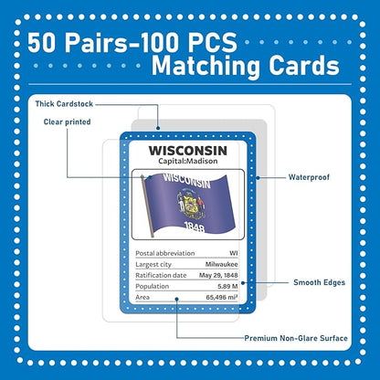 gisgfim 50 Pairs Memory Matching Game Flags of U.S. States Concentration Memory Card Educational Cards Games Geography Learn States Capitals Game Gift for Kid Adults Learning Activities Matching Games