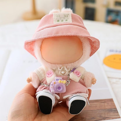 Clothes for Dolls Accessories (No Doll), Cute Outfit Set 5 Pieces Bib Pants for 15 & 17cm Doll Suit, Stylish Dress Up Overalls Doll Clothing Set Replacement with Hat Clothes Shoes Pink