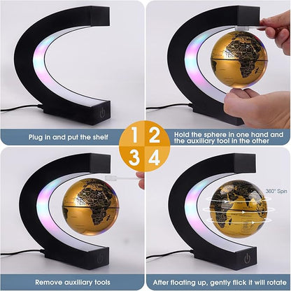 Floating Globe with Colored LED Lights C Shape Anti Gravity Magnetic Levitation Rotating World Map with Touch Switch for Gift Home Office Desk Decoration With Switch (Gold)