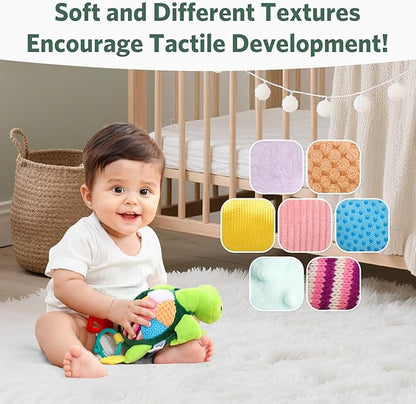 Turtle Baby Sensory Toy, Flip Scales & Multi-Textured Belly Montessori Activity Toy with Rattle Squeaker Teethers, Tummy Time/Crib/Stroller Toy,Educational Toy for 0-3 Years Newborn to Toddler
