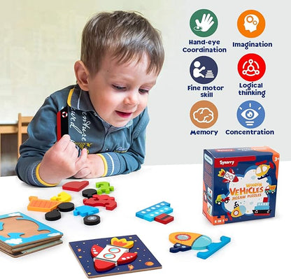 SYNARRY Wooden Vehicle Puzzles for 3 4 5 Years Old Boys Girls, Puzzles for Toddlers 3-5, Montessori Educational Toys Gifts with 6 Vehicles Transportation, Vibrant Color Shapes