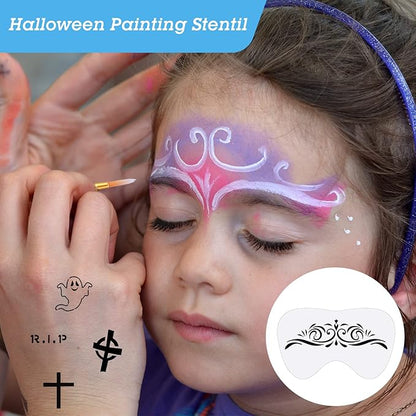 Fainne 68 Pcs Face Paint Stencils Kit, 48 Reusable Facial Painting Stencils with 10 Stickers 10 Painting Brushes Plastic Tattoo Templates for Halloween Party Makeup DIY Drawing Art(Weird Style)