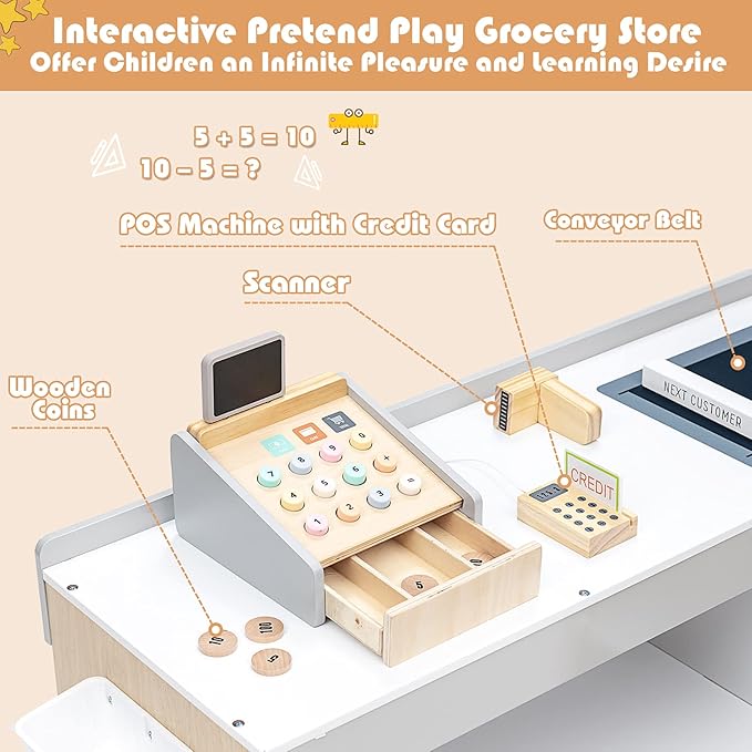 HONEY JOY Kids Grocery Store Playset, Wooden Grocery Store Pretend Play w/Cart, Cash Register Stand w/Coins, Chalkboard, Toddler Supermarket Play Toy for Boys Girls(Play Food Not Included)