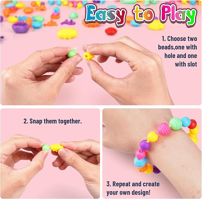 FUNZBO 520+ Snap Pop Beads - Jewelry Making Kit for Kids, Arts and Crafts for Kids Ages 4-8, Toys for 3 4 5 6 Years Old Girls Birthday Gifts Ideas, Bracelet Necklace Ring Snap Set for Little Girls
