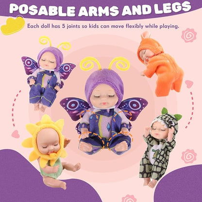 Hanaive 4 Pcs 4 Inch Mini Baby Dolls Lifelike Realistic Baby Dolls Animal Clothes Cute Tiny Gifts for Kids Birthday Party(Novelty Style)