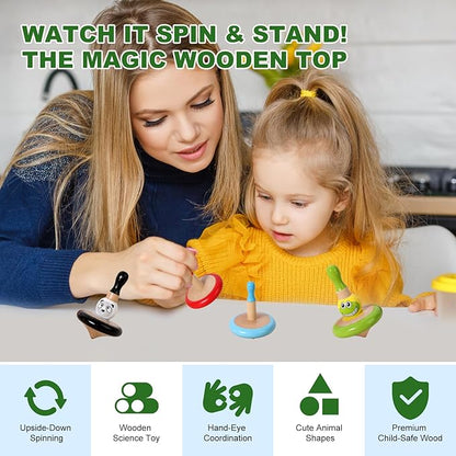 WODI 4PCS Wooden Spinning Tops - Adorable Animal Gyroscope Toys for Toddlers, Safe & Fun Montessori Educational Gift, Fidget Spinner for Kids/Toddlers (#1)
