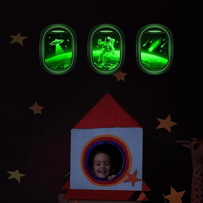 Glow in The Dark 3D Space Wall Decals, Set of 3 Galaxy Window Stickers for Wall, Space Themed Room Decor for Kids Boys (Green)