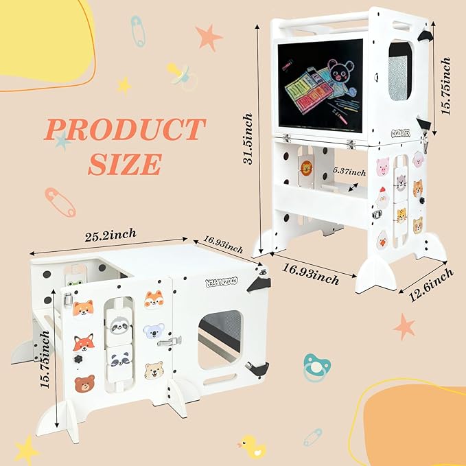 Toddler Kitchen Stool Helper, CPC Certified Foldable Toddler Tower, Learning Wooden Tower with Support Feet and Chalkboard, Anti-Drop Structure, Safe Design for Kids, White