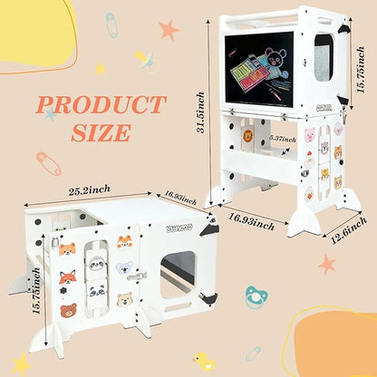 Toddler Kitchen Stool Helper, CPC Certified Foldable Toddler Tower, Learning Wooden Tower with Support Feet and Chalkboard, Anti-Drop Structure, Safe Design for Kids, White