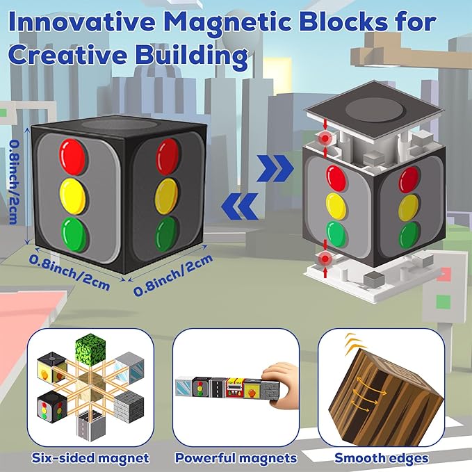 3D Magnetic Blocks 100 Pieces for Kids Magnet Cubes, Sensory Construction Building Toys for Toddlers, Magnetic Tiles City Road Cars Stacking Toys Games for Ages 3-12