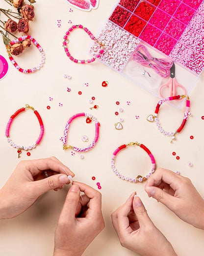 Goldwise Valentine's Day Friendship Bracelet Kit, Pink Beads, Jewelry Making Kit with 5 Kinds of Unique Pink Clay Beads, Letter Beads and Charms, GIFS for Fans, Couples and Best Friends