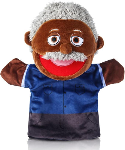 1 Pcs Family Hand Puppets 12 Inch Grandparents Mom Dad Brother Sister Plush Hand Puppet Toys Role-Play Toy Puppets for Kids Storytelling Imaginative Pretend Play Teaching Preschool(Black Grandfather)