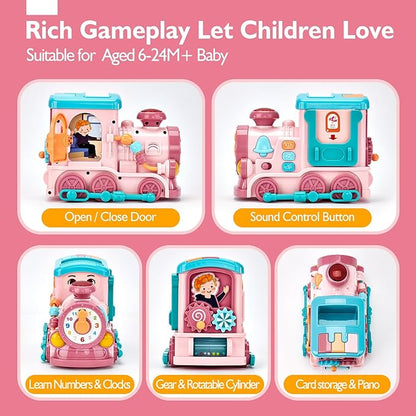 hahaland Musical Toy for Baby Girl Gifts，First Year Activity Musical Train with Talking Flash Cards Bilingual (EN/ES), Educational Learning Toys for Toddlers, Baby Toys 18-36 Months Girl Easter Gifts