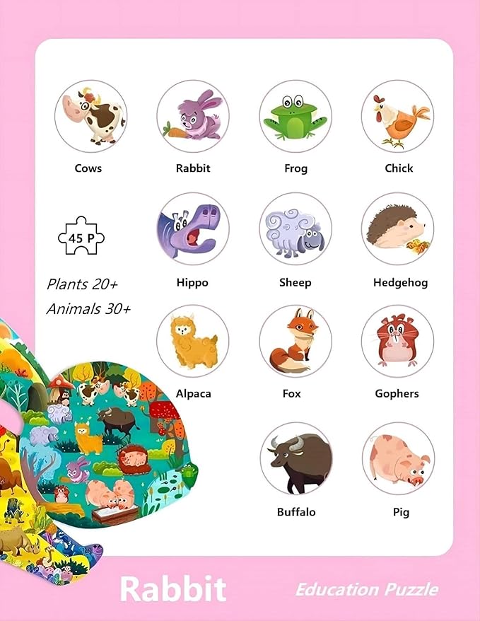 Floor Puzzles for Kids Ages 3-5, 4-6, Big Pieces Jumbo Puzzles Colorful Animal Shaped Puzzle Learning Educational Toys Games Gifts for Children(Rabbit-45 Pieces)