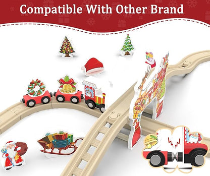 Wooden Railway Set for Kids, 42-Piece Wooden Train Track for Toddlers, Christmas Train Toys for 3 4 5 6 Years Old Compatible with Thomas, Brio