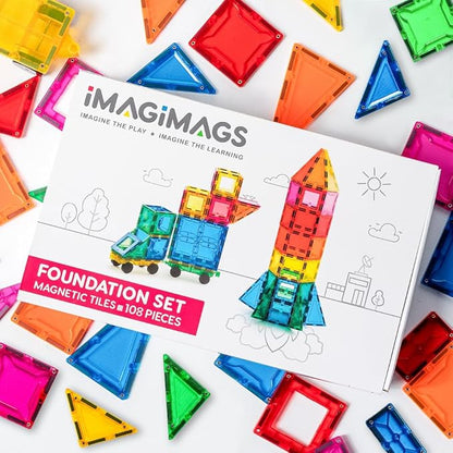 Magnetic Building Tiles, 108 Piece Foundation Set for Boys Girls Kids, Educational Creative Learning Activity Building Block Toddler Toys, STEM, Children Ages 3 Years +