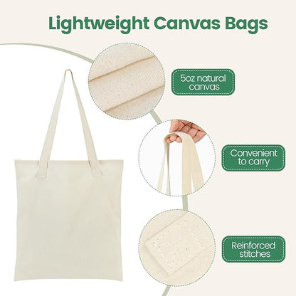 12 Pack Large Canvas Tote Bag - Lightweight Thin Tote Bags Bulk Blank Shopping Reusable Grocery Bags for DIY Gift Sublimation Activity - Beige