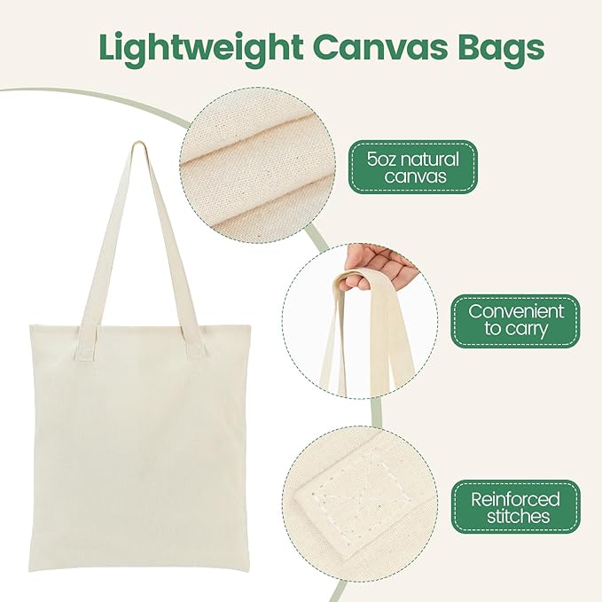 48 Pack Canvas Tote Bag - Lightweight Thin Tote Bags Bulk Blank Shopping Reusable Grocery Bags for DIY Gift Sublimation Activity - Beige