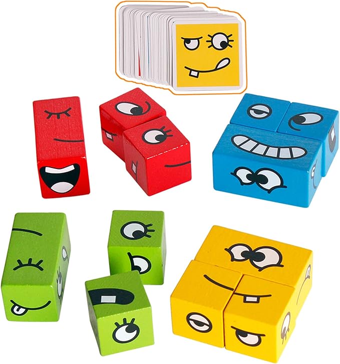 Wooden Expressions Matching Block Puzzles Building Cubes Toy Borad Games Educational Montessori Toys for Kids Ages 3 Years and Up