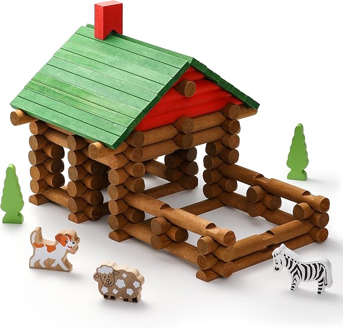 SainSmart Jr. 110 PCS Wooden Log Cabin Set Building House Toy for Toddlers, Classic STEM Construction Kit with Colorful Wood Logs Blocks for 3+ Years Old