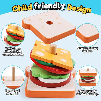 kizh Wooden Sandwich Sorting Stacking Toys Play Food Set for Toddlers Preschool Educational Montessori Toys Fine Motor Toy for Kids Boys Girls
