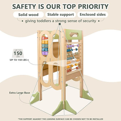 Foldable Toddler Tower with 3 Adjustable Height Step Stool, Easy Clean Toddler Kitchen Stool Helper, Montessori Learning Tower Stool for Toddlers with Chalkboard & Counting Beads