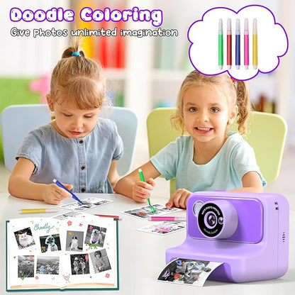 Kids Camera Instant Print, Christmas Birthday Gifts for Girls and Boys, 1080P HD Video Digital Kids Camera with 32G Card, Toddler Camera for 3-12 Years Old, Purple