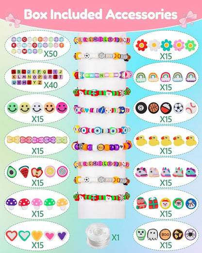 Taybonds Polymer Clay Beads Charms Bracelet Making Kit for Kids Age 6+, 740pcs DIY Jewelry Making with Pony Beads, Letter Beads, Charms & Elastic Cord – Gift for Girls Crafting and Creative Play