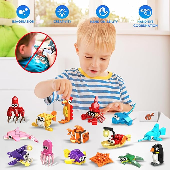 HOGOKIDS 24 Pack Party Favors for Kids Building Set - 629PCS Marine Animals Building Blocks Toy for Goodie Bag Stuffers Classroom Prizes, Valentines Day Easter Birthday Gift for Boys Girls Ages 6-12