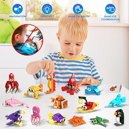 HOGOKIDS 24 Pack Party Favors for Kids Building Set - 629PCS Marine Animals Building Blocks Toy for Goodie Bag Stuffers Classroom Prizes, Valentines Day Easter Birthday Gift for Boys Girls Ages 6-12