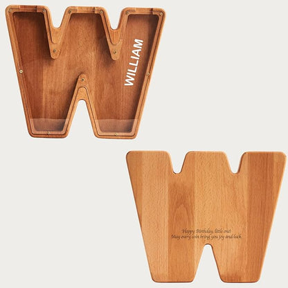 Personalized Wooden Piggy Bank – Custom Letter W Coin Bank in Beech Wood with Clear Acrylic Front, Engraved Name Option, Money Saving Box for Kids and Adults