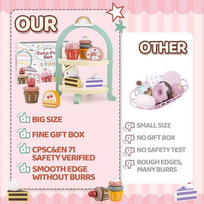 Wooden Cake Toys Tea Party Set, Desserts Food Toy with Cupcake Stand, Kids Pretend Play Kitchen Accessories, Wooden Play Food Set Toy Baking Gift for 3 4 5 Years Old Girls Boys