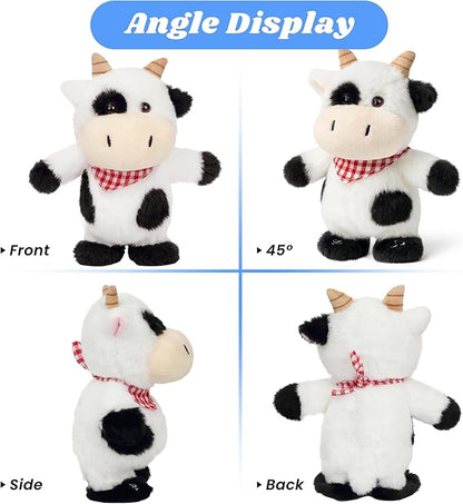 Hopearl Talking Singing Cow with Red Bib Repeats What You Say Walking Dairy Cattle Electric Interactive Animated Toy Speaking Plush Buddy Gifts for Toddlers, 9''