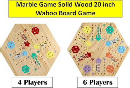 Wooden Wahoo Marble Board Game (20 INCH), Double-Sided, for 2-6 Players, with 24 Marbles and 6 dice. Also Includes Ring Toss, Wooden Hook and Ring Gameand Premium Playing Cards.